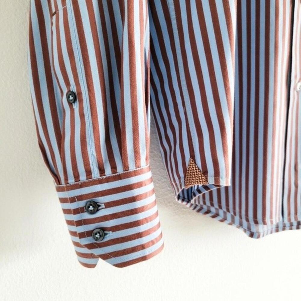 Robert Graham Shirt Twill Striped Button Up Flip Cuff Blue Brown Mens S - Picture 8 of 9